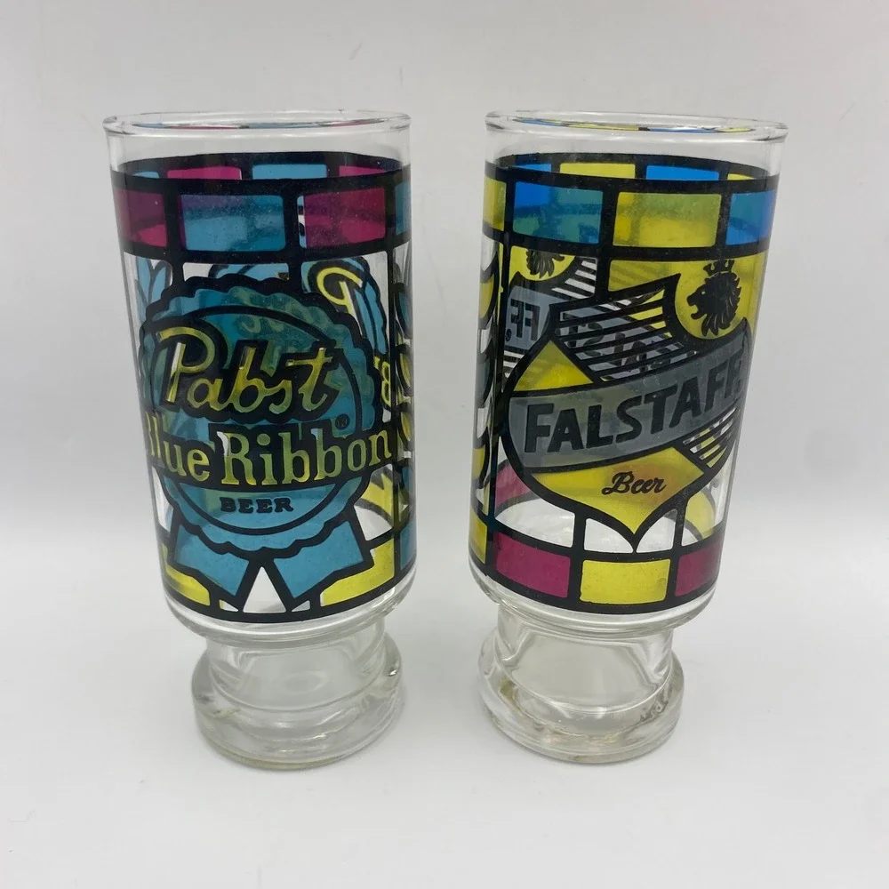 Vintage Stained Glass Beer Glasses Set of 6 PBR Miller Schlitz Falstaff Schaefer
